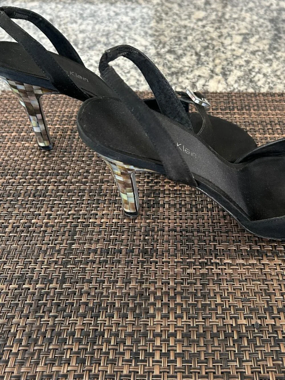 Calvin Klein Black Satin Slingback Sandals with Mosaic Shell Heel - Size 8.5